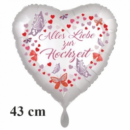 Herzluftballon Alles Liebe zur Hochzeit mit Blumen und Schmetterlingen, inklusive Helium