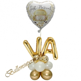 Stilvolle Ballondeko, Just Married Weiß-Gold mit den Anfangsbuchstaben der Brautleute, Dekobeispiel