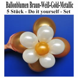 Blumen aus Luftballons, Ballonblumen-Set, Braun-Weiß-Gold-Metallic, 5 Stück