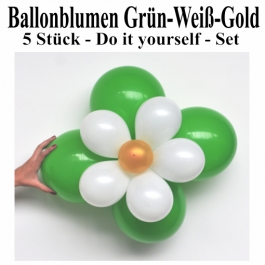 Blumen aus Luftballons, Ballonblumen-Set, Grün-Weiß-Gold, 5 Stück