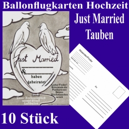 Ballonflugkarten Hochzeit Just Married, Hochzeitstauben, Postkarten zum Abhängen an Luftballons, 10 Stück