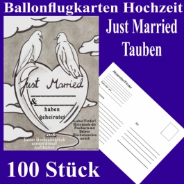 Ballonflugkarten Hochzeit Just Married, Hochzeitstauben, Postkarten zum Abhängen an Luftballons, 100 Stück