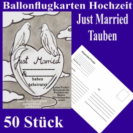 Ballonflugkarten Hochzeit Just Married, Hochzeitstauben, Postkarten zum Abhängen an Luftballons, 50 Stück