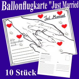 Ballonflugkarten Hochzeit Just Married, Postkarten zum Abhängen an Luftballons, 10 Stück