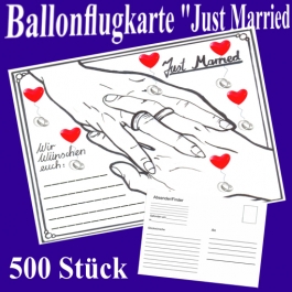 Ballonflugkarten Hochzeit Just Married, Postkarten zum Abhängen an Luftballons, 500 Stück
