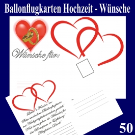 Ballonflugkarten Hochzeit Wünsche für das Brautpaar, Postkarten, Luftballons steigen lassen, 50-Stück