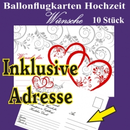 Ballonflugkarten Hochzeit - Wünsche für das Hochzeitspaar - 10 Stück - Inklusive Druck der Adresse