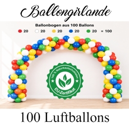 Ballongirlande Rot, Weiß, Gelb, Blau, Grün, 100 Luftballons