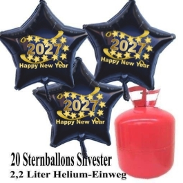 Silvester Helium Einweg Set, 20 schwarze Luftballons aus Folie, Sterne, 2027, Silvester