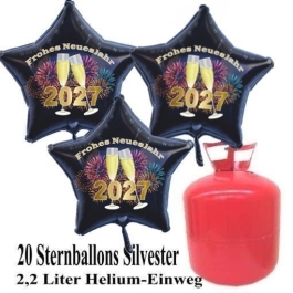 Silvester Helium Einweg Set, 20 schwarze Luftballons aus Folie, Sterne, 2027, Silvester, Frohes Neues Jahr