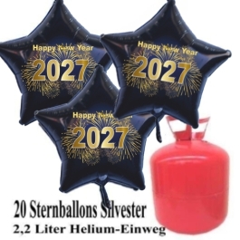 Silvester Helium Einweg Set, 20 schwarze Luftballons aus Folie, Sterne, goldene 2027, Silvester