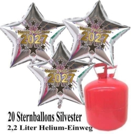 Silvester Helium Einweg Set, 20 Luftballons aus Folie, Sterne, 2027, Silvester