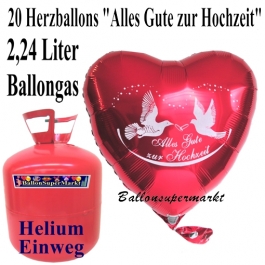 Ballons Helium Einweg Set Hochzeit, 20 Herzluftballons "Alles Gute zur Hochzeit" mit 2,24 Liter Einweg Ballongas-Helium