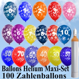 Ballons Helium Maxi-Set, 100 Luftballons mit Zahlen, 10 Liter Ballongas und Zubehör
