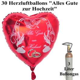 Ballons Helium Midi Set, 30 rote Herzluftballons "Alles Gute zur Hochzeit" 3 Liter Ballongas in der Mehrwegflasche