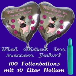 Ballons und Helium Set Silvester, 100 silberne Herzballons: Viel Glück im neuen Jahr!