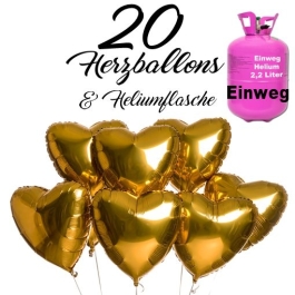 20 goldene Herzballons aus Filie mit Helium Einweg