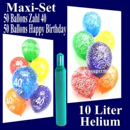 Ballons Helium Set zum 40. Geburtstag, 50 Luftballons Zahl 40 und 50 Luftballons Happy Birthday, 10 Liter Helium-Ballongas