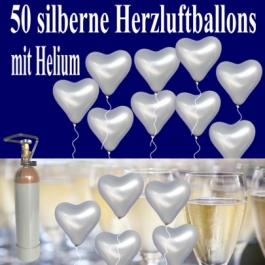 Ballons und Helium Set: 50 große Herzluftballons in Silber