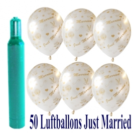 Ballons-Helium-Set-50-Luftballons-Just-Married-und-Helium-Ballongasflasche-zur-Hochzeit