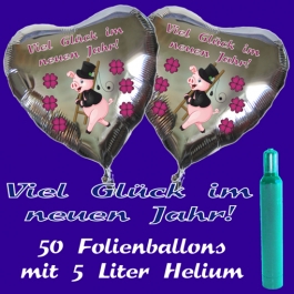 Ballons und Helium Set Silvester, 50 silberne Herzballons: Viel Glück im neuen Jahr!