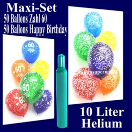 Ballons Helium Set zum 60. Geburtstag, 50 Luftballons Zahl 60 und 50 Luftballons Happy Birthday, 10 Liter Helium-Ballongas