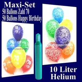 Ballons Helium Set zum 70. Geburtstag, 50 Luftballons Zahl 70 und 50 Luftballons Happy Birthday, 10 Liter Helium-Ballongas