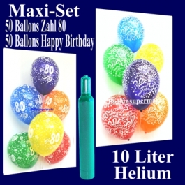 Ballons Helium Set zum 80. Geburtstag, 50 Luftballons Zahl 80 und 50 Luftballons Happy Birthday, 10 Liter Helium-Ballongas