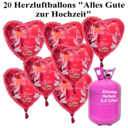 Ballons Helium Einweg Set Hochzeit, 20 Herzluftballons "Alles Gute zur Hochzeit" mit 2,24 Liter Einweg Ballongas-Helium