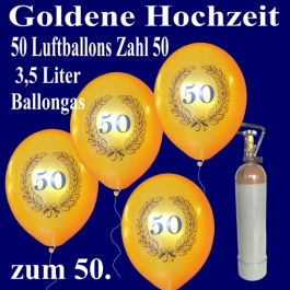 Ballons Helium Set 50 goldene Luftballons Zahl 50 im Lorbeerkranz, 3,5 Liter Ballongas, zur Goldenen Hochzeit