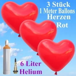 Ballons Helium Set Hochzeit, 3 rote Herzballons, 1 Meter, mit Helium-Ballongas