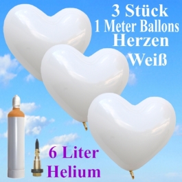 Ballons Helium Set Hochzeit, 3 weiße Herzballons, 1 Meter, mit Helium-Ballongas