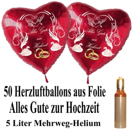 Ballons Helium Set Midi, 50 Herzluftballons aus Folie in Rot, Alles Gute zur Hochzeit, 5 Liter Mehrweg Ballongas