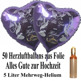 Ballons Helium Set Midi, 50 Herzluftballons aus Folie in Flieder, Alles Gute zur Hochzeit, 5 Liter Mehrweg Ballongas