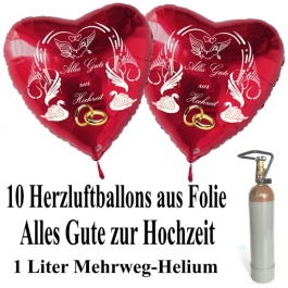 Ballons Helium Set Mini, 10 Herzluftballons aus Folie in Rot, Alles Gute zur Hochzeit, 1 Liter Mehrweg Ballongas