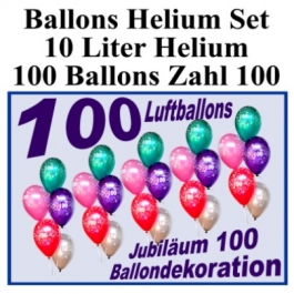 Luftballons Helium Set zum 100., Ballons mit der Zahl 100 mit der 10 Liter Heliumflasche zur Ballondekoration auf der 100-Jahr-Feier