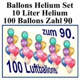 Luftballons Helium Set zum 90., Ballons mit der Zahl 90 mit der 10 Liter Heliumflasche zur Ballondekoration auf der 90-Jahr-Feier