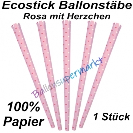 Ecostick Ballonstab aus 100 % Papier, rosa mit Herzchen, 1 Stück 