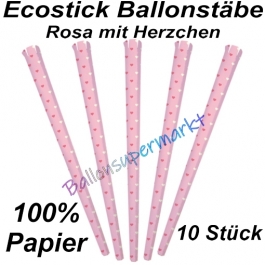 Ecostick Ballonstäbe aus 100 % Papier, rosa mit Herzchen, 10 Stück 
