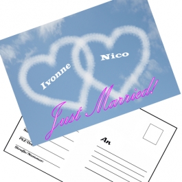 Ballonweitflugkarten Just Married Herzen, personalisiert mit Namen und Anschrift