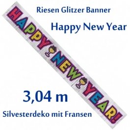 Dekoration Silvester glitzerndes Riesenbanner Happy New Year, Silvesterdeko, Neujahrs-Banner