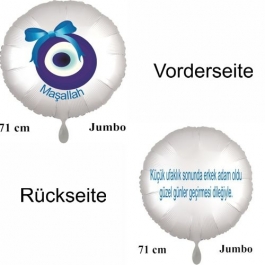 Großer Runduftballon in Satin Weiß, 71 cm "Kücük ufaklik sonunda erkek adam oldu güzel günler gecirmesi dilegiyle"