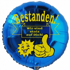 Bestanden! Wir sind stolz auf Dich! Blauer Luftballon aus Folie mit Helium Ballongas