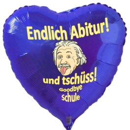 Herzluftballon in Blau zur Abiturfeier, Endlich Abitur! Und tschüss, goodbye Schule