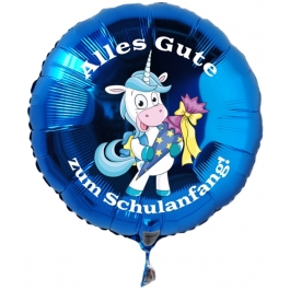 Alles Gute zum Schulanfang blauer Luftballon mit Einhorn aus Folie inklusive Ballongas Helium