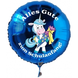 Alles Gute zum Schulanfang blauer Luftballon mit Einhorn aus Folie inklusive Ballongas Helium