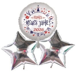 3 Folien-Luftballons Bouquet 1x  "Frohes Neues Jahr 2026" und 2 silberne Sterne
