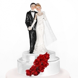 Brautpaar, weiss mit roten Rosen, Dekoration Hochzeitstorte