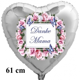 Danke Mama. Herzluftballon in Silber mit Vintage Blumenkranz, 61 cm groß