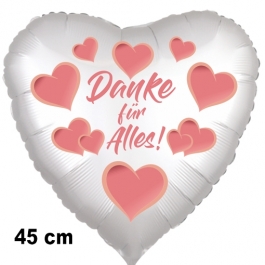 Danke für Alles. Herzluftballon aus Folie, satin-weiß-hearts, 45 cm